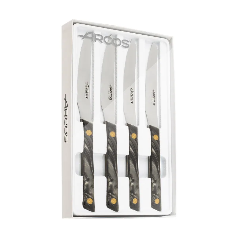 Conjunto de 4 Cuchillos de Mesa Serie Flysch para Carnes. Cuchillos Chuleteros con hoja Serrada de Acero Inoxidable NITRUM de 110 mm. Mango Polimetil Metacrilato.