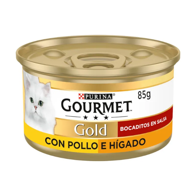 Gourmet 85 g Gold Pollo e Hígado en salsa lata
