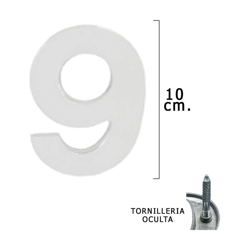 - Numero Metal "9" Plateado Mate 10 cm. con Tornilleria Oculta Blister 1 Pieza