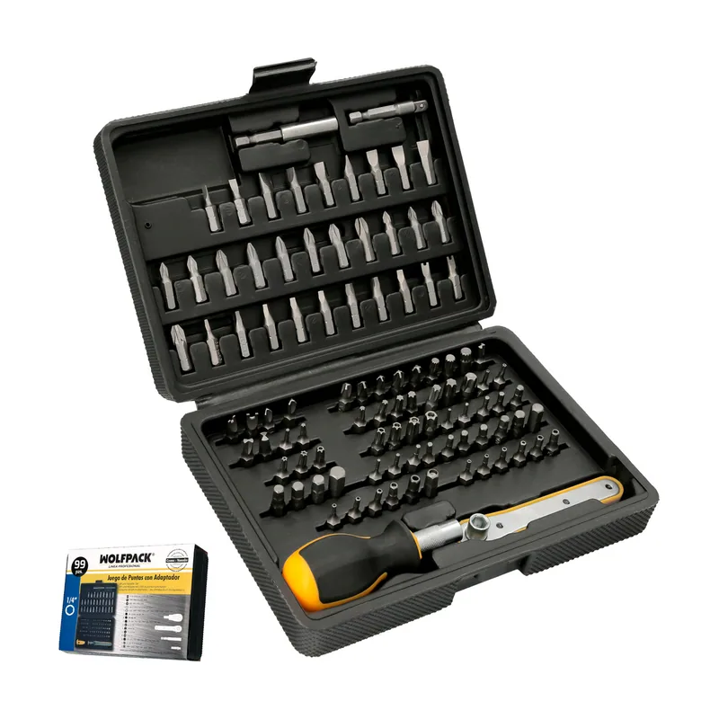 Juego Puntas con Destornillador 1/4" 99 Pzs. Con Apadtador. Cromo Vanadio