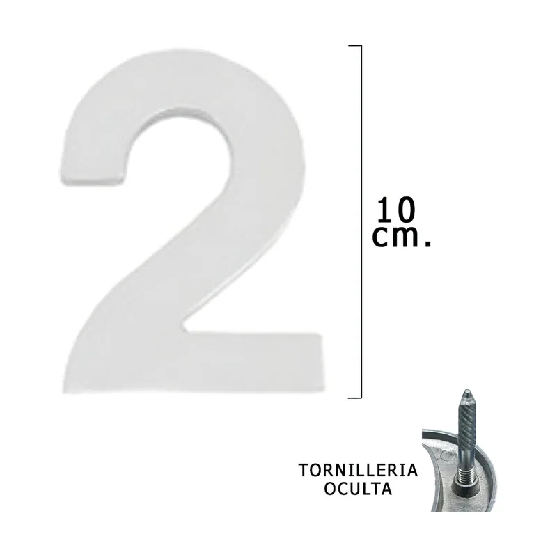 - Numero Metal "2" Plateado Mate 10 cm. con Tornilleria Oculta Blister 1 Pieza