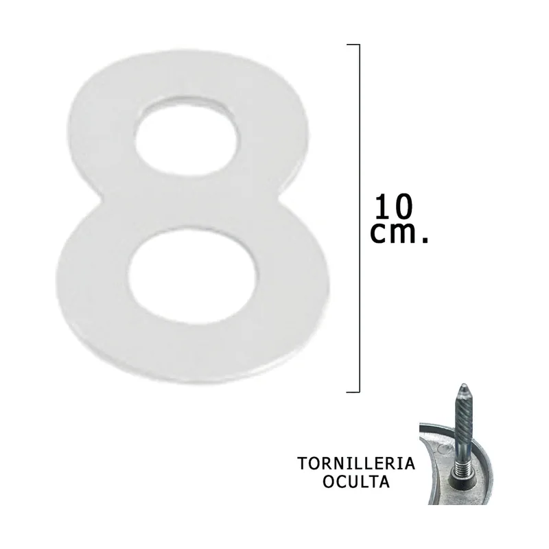 - Numero Metal "8" Plateado Mate 10 cm. con Tornilleria Oculta Blister 1 Pieza