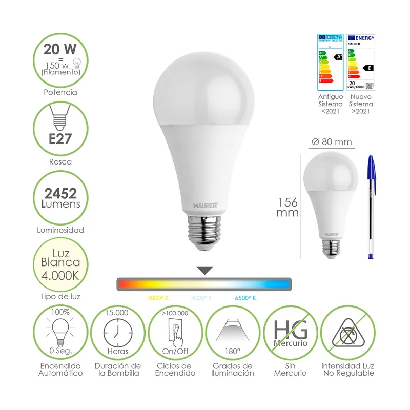 Bombilla Led Estandar Rosca E27. 20 Watt. Equivale A 150 Watt. 2452 Lumenes. Luz Neutra 4000º K.