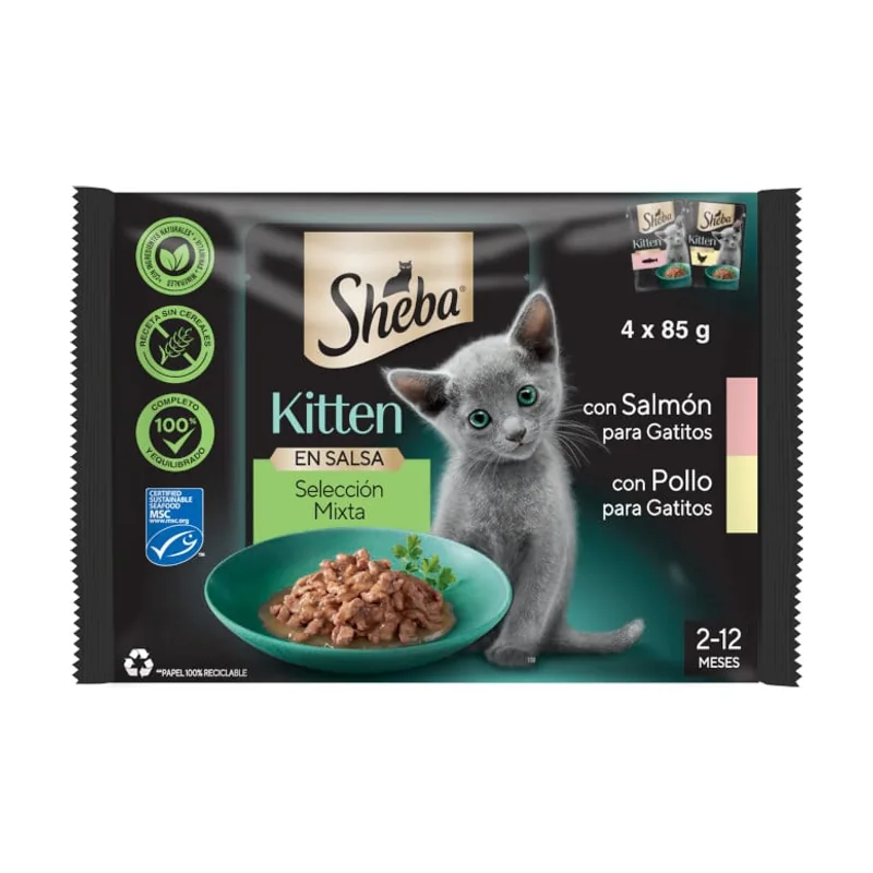 Sheba 4 sobres x 85 g Kitten Pollo y Salmón Sobre en Salsa