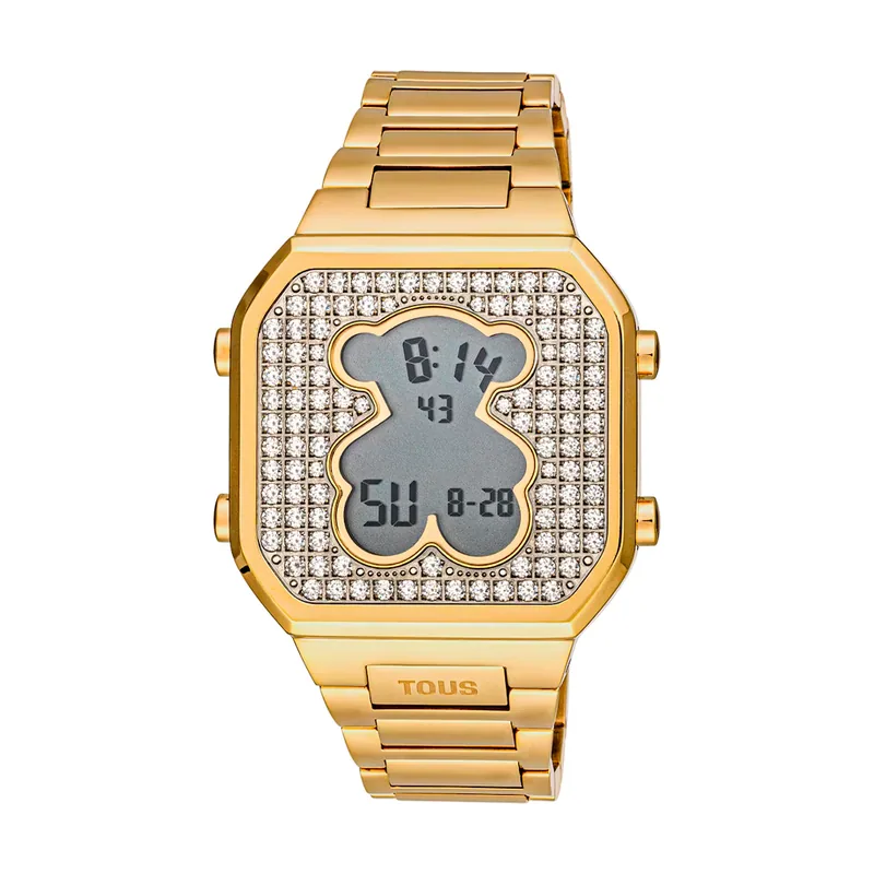 Relojes Mujer Reloj Digital Con Brazalete De Acero Ipg Dorado Y Zirconitas D-Bear