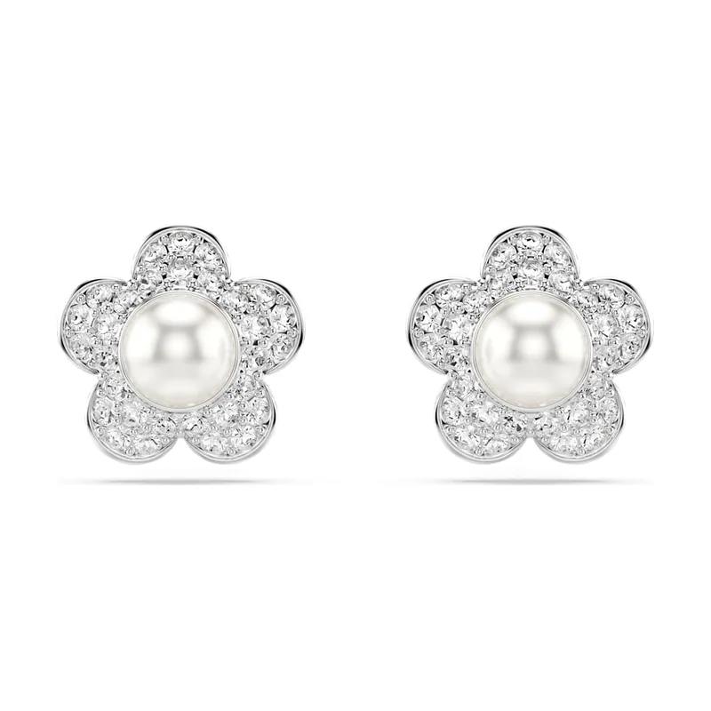 Pendientes de botón Ariana Grande, Perla de cristal, Talla redonda, Flor, Baño de rodio