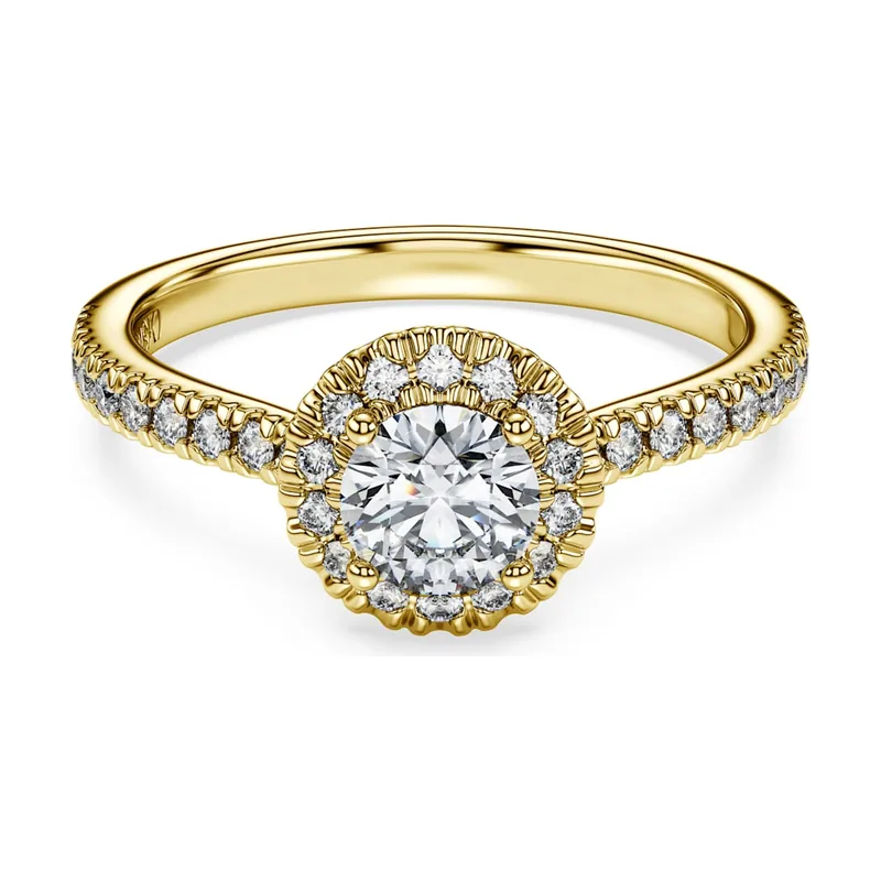 Anillo solitario con halo Eternity, Diamantes creados en laboratorio (peso total de 0,8 quilate), Forma redonda, Oro amarillo de 18 quilates