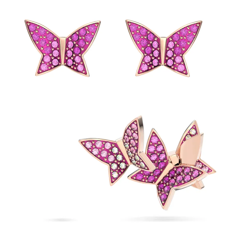 Pendientes de botón Idyllia Lilia, Conjunto (3), Mariposa, Rosas, Acabado en oro rosa de 18 quilates