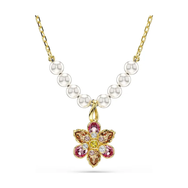 Colgante Idyllia, Perla de cristal, Tallas mixtas, Flor, Acabado en oro de 18 quilates