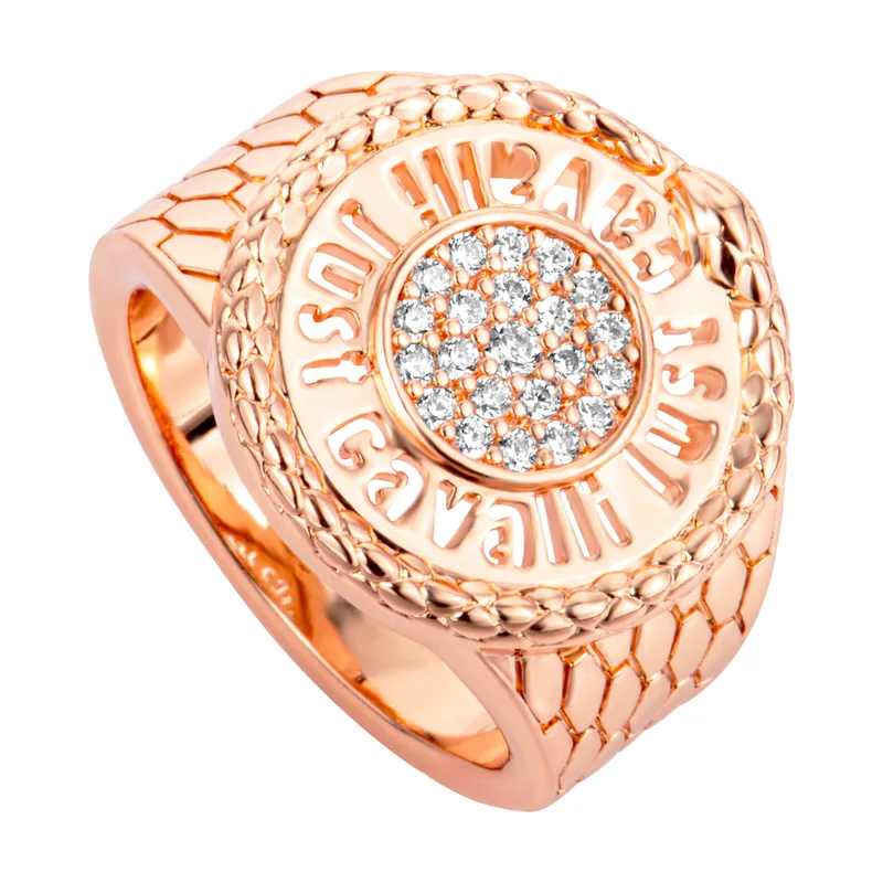 Anillo, Sello Oro Rosa, Logotipo Circular, Cristales Pavé, Textura Escamas, Rose Gold Ring