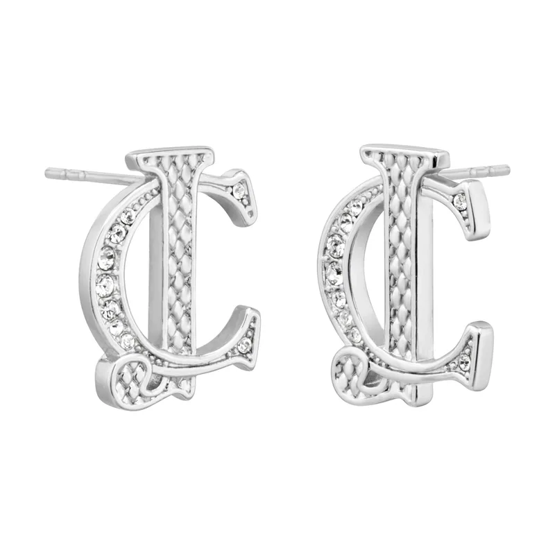 Pendientes, Monograma JC Plata, Cristales Pavé, Diseño Logotipo, Acero Inoxidable, Silver Studs