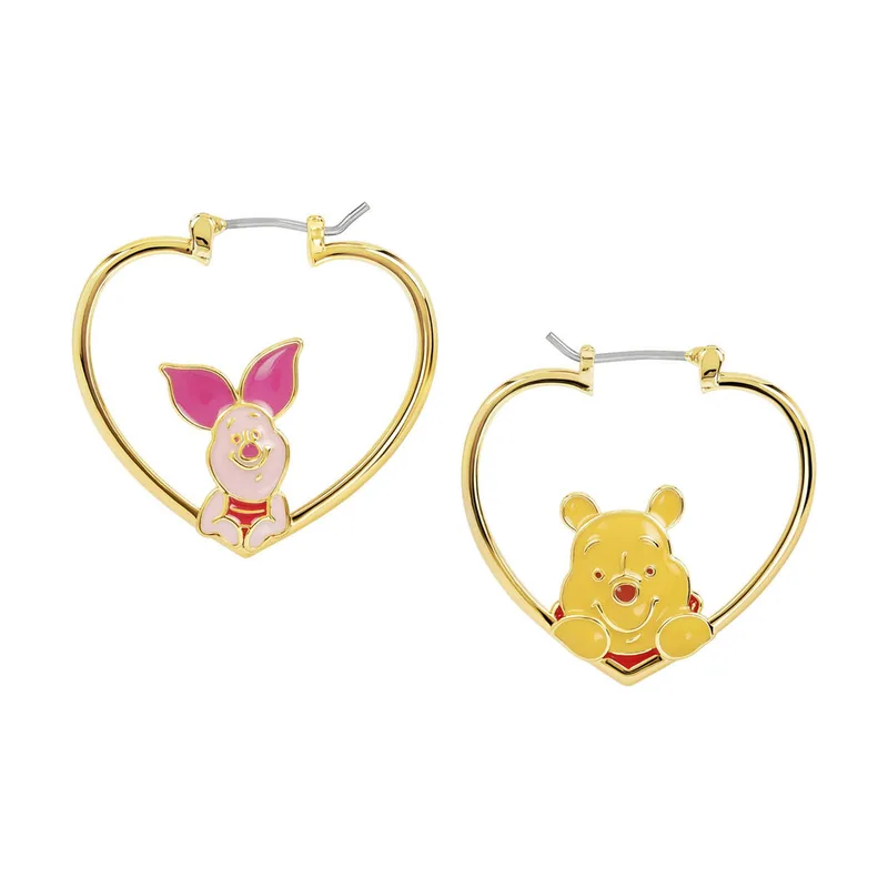 Disney Pendientes de aro chapados en oro con forma de corazón de Winnie the Pooh y Piglet