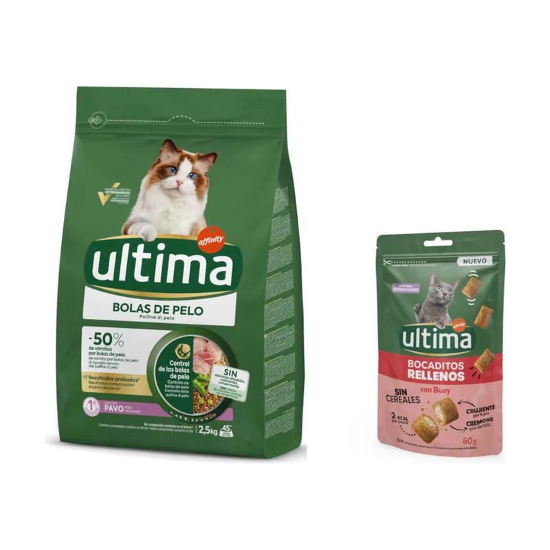Ultima 2,5 kg pienso + 60 g Snacks Bocaditos rellenos con vacuno Hairball pavo