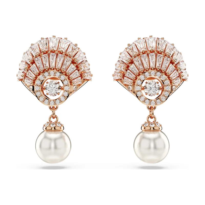 Pendientes Idyllia, Perla de cristal, Concha de mar, Acabado en oro rosa de 18 quilates