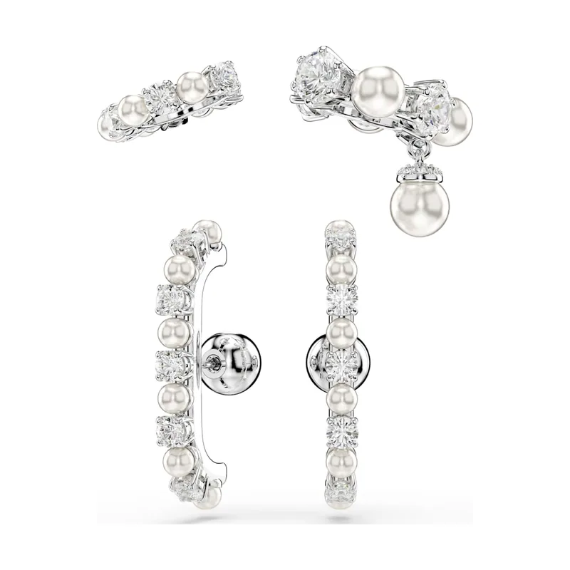Pendiente ear cuff Matrix, Set (3), Crystal Pearl, Talla redonda, Baño de rodio