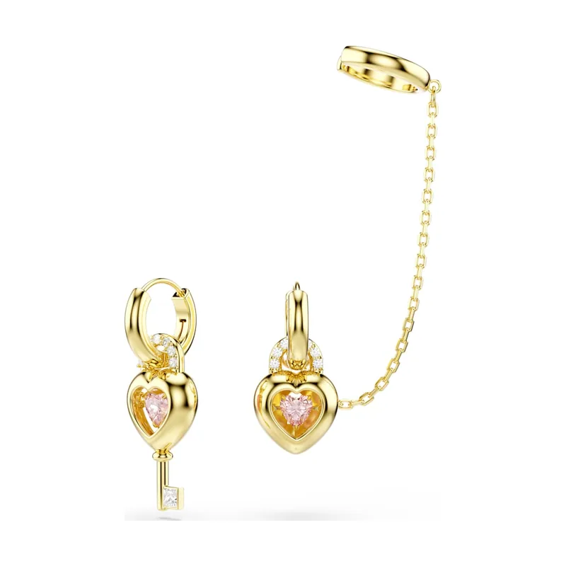Pendientes de gota con pendiente ear cuff Idyllia, Tallas mixtas, Corazón con llave, Acabado en oro de 18 quilates