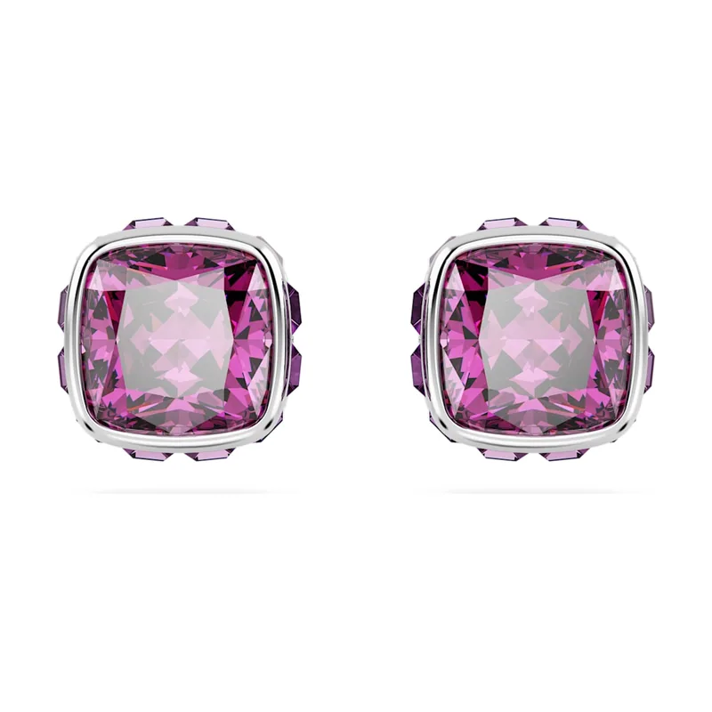 Pendientes de botón Birthstone, Talla cuadrada, Febrero, Baño de rodio