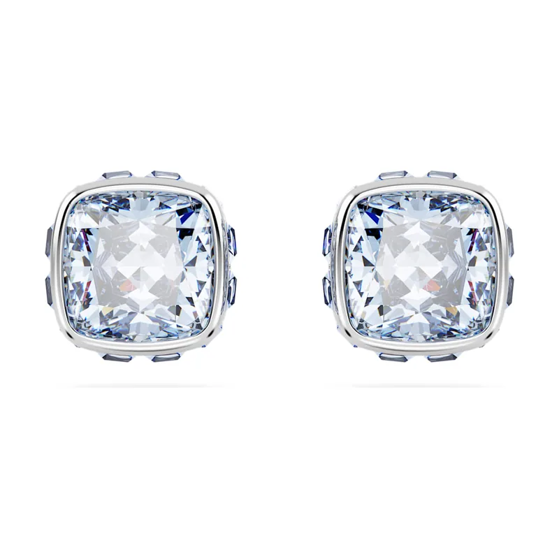 Pendientes de botón Birthstone, Talla cuadrada, Marzo, Baño de rodio