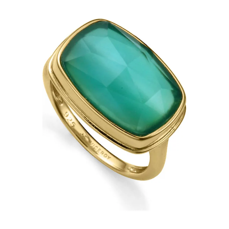Anillo de plata de primera ley con baño de oro y piedra natural doblete agata verde y cristal 2341A014-42