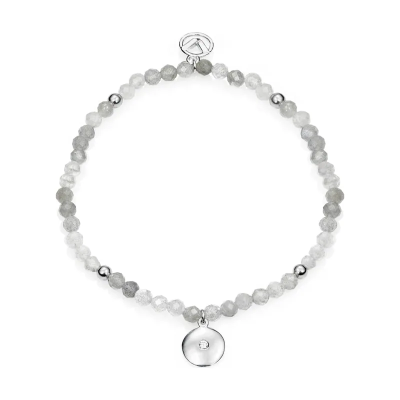 Pulsera Trend de plata de ley elástica con labradorita gris y disco central con circonita 85005P000-38