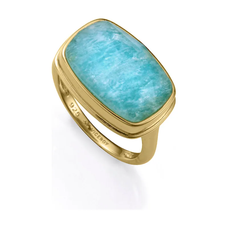 Anillo de plata de primera ley con baño de oro y piedra natural doblete amazonita y cristal 2341A016-49