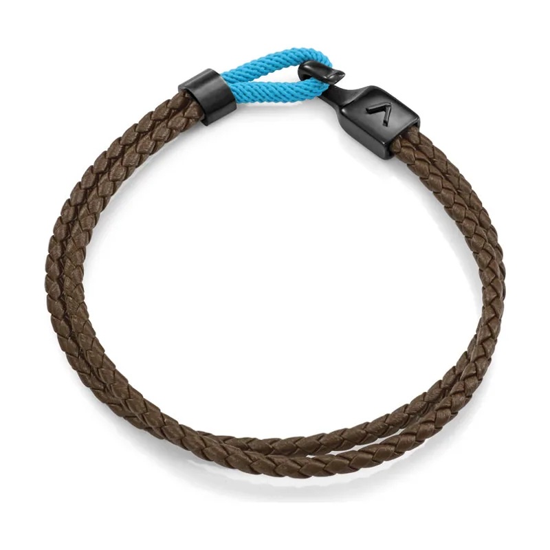 Pulsera en acero Ip negro y piel marrón trenzada, con cordón azul y largo de 21,5 cm 75443P01011