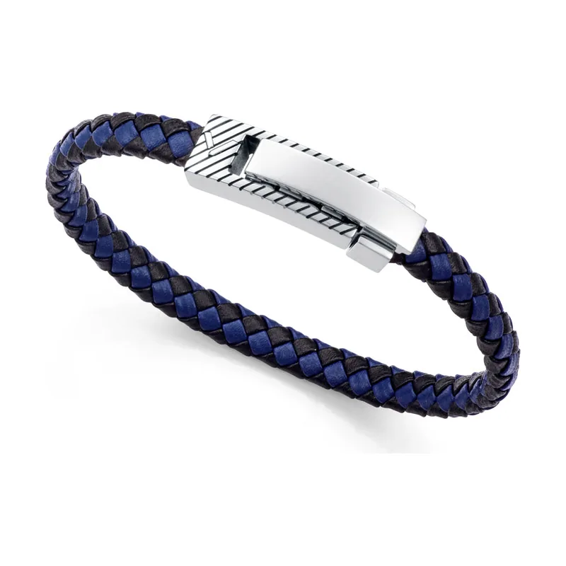 Pulsera en acero y piel trenzada negra y azul, con largo de 21,5 cm 75444P01013