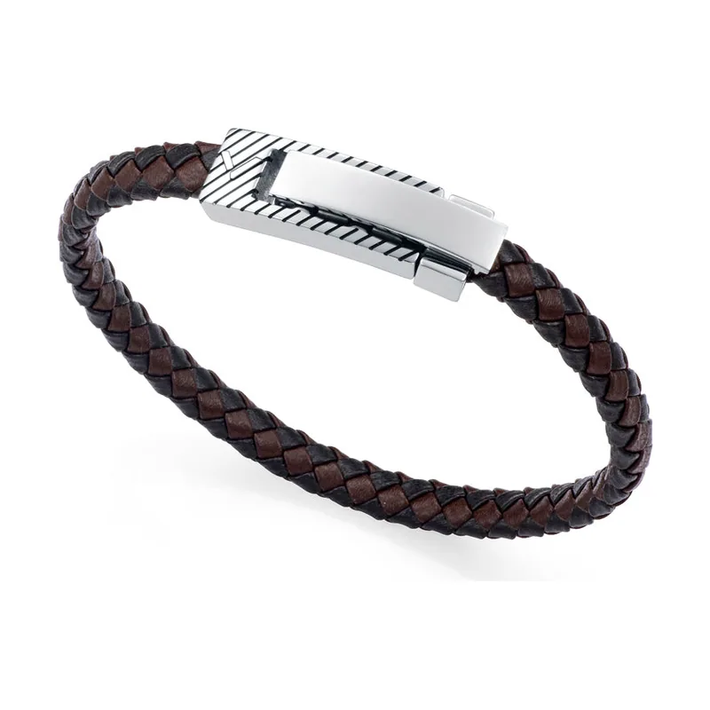 Pulsera de acero y piel trenzada negra y marrón, con largo de 21,5 cm 75444P01010