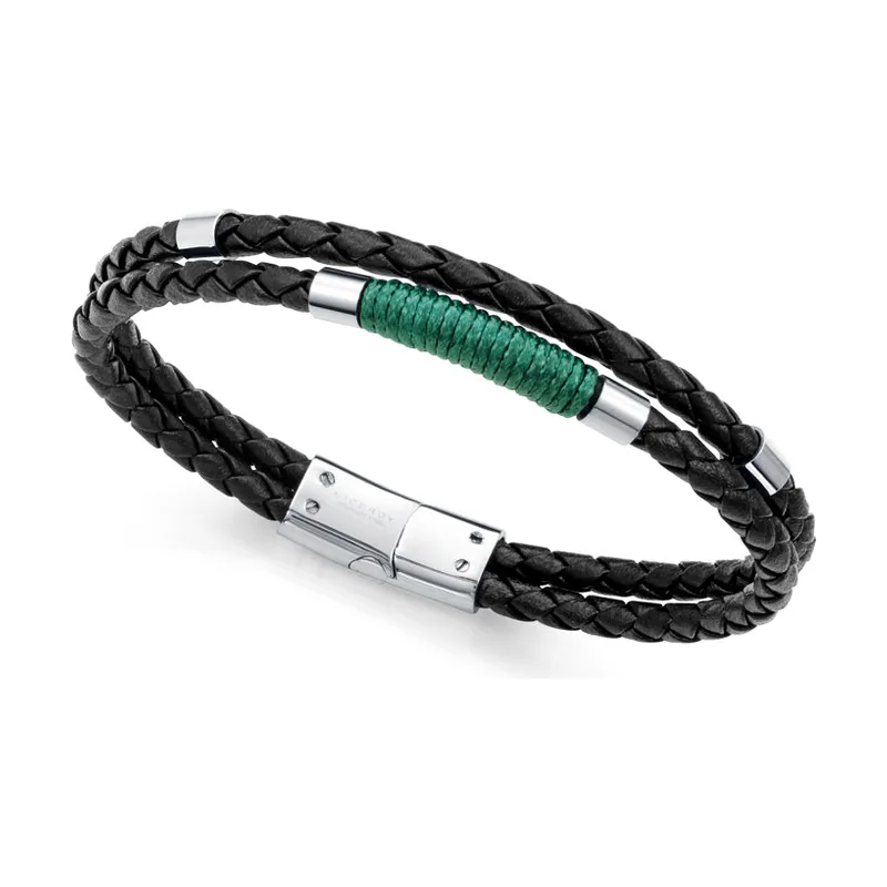 Pulsera en acero y piel negra con cordón verde. Un diseño actual, sobrio y fácil de combinar 75442P01010