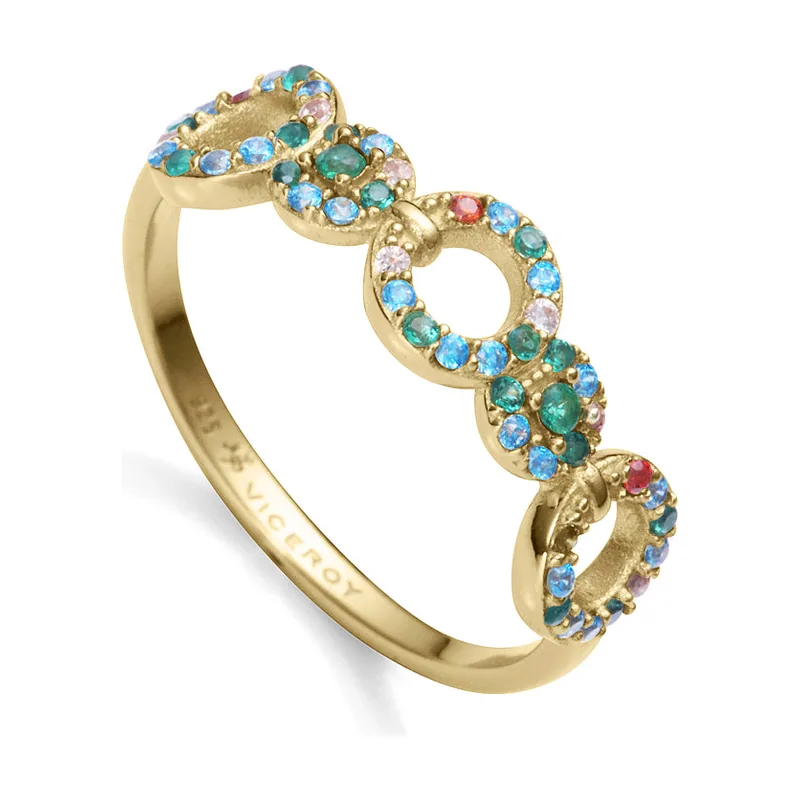 Anillo de plata de ley con baño de oro y círculos con circonitas de colores 15120A014-39
