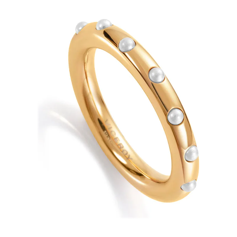 Anillo Kiss de acero IP dorado y mini perlas 15030A01212