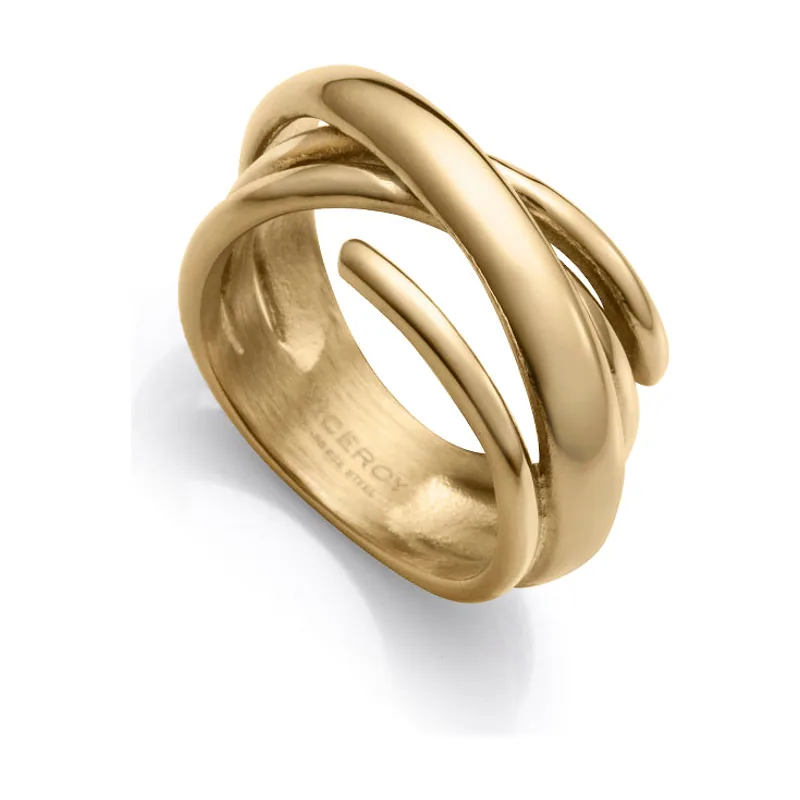 Anillo de acero Ip dorado cruzado abierto 14295A01212