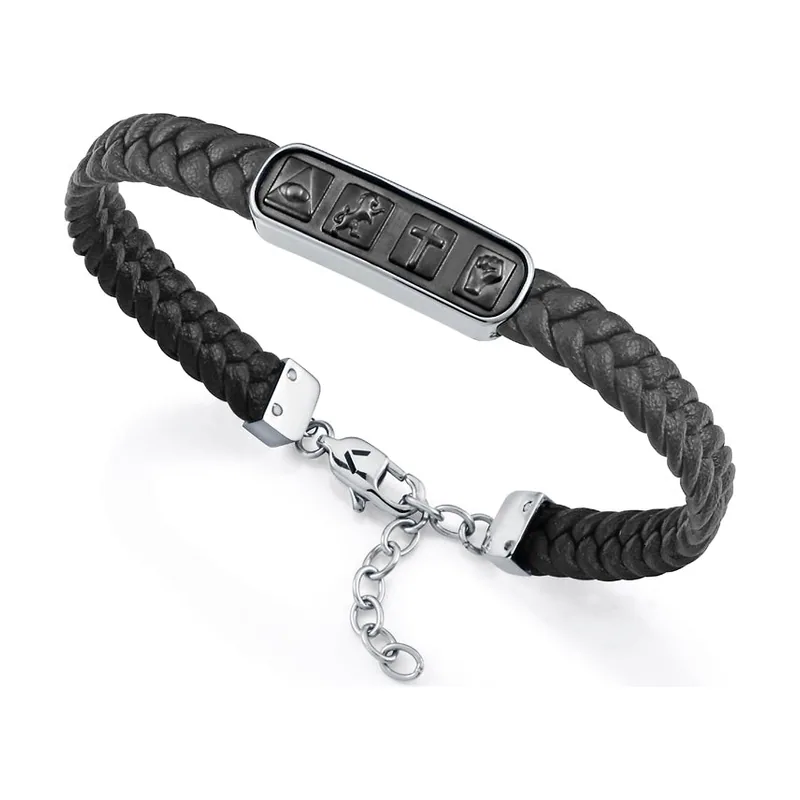 Pulsera de acero y piel negra con diseño en Ip negro 75423P01010