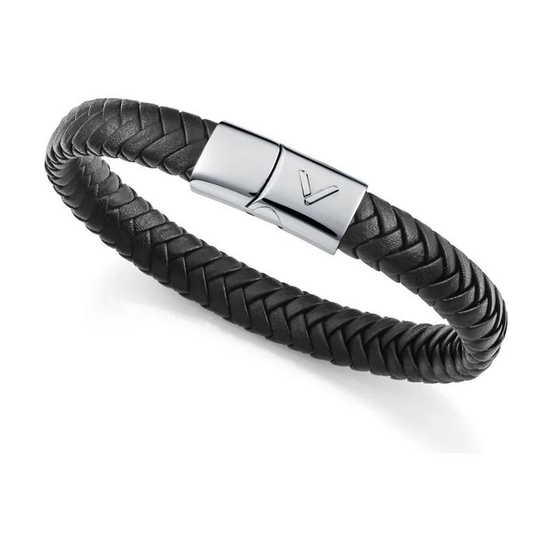 Pulsera de acero y piel negra trenzada 75425P01010