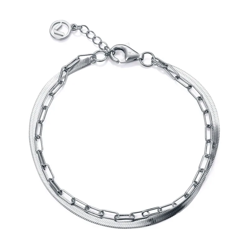 Pulsera doble de plata de ley con baño de rodio y cadena de eslabones y cadena de serpiente plana 9133P100-00