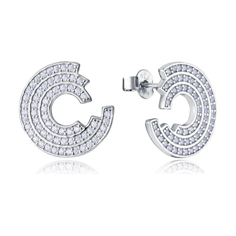 Pendientes de plata de ley con baño de rodio y tres círculos concéntricos abiertos con circonitas 9128E000-30