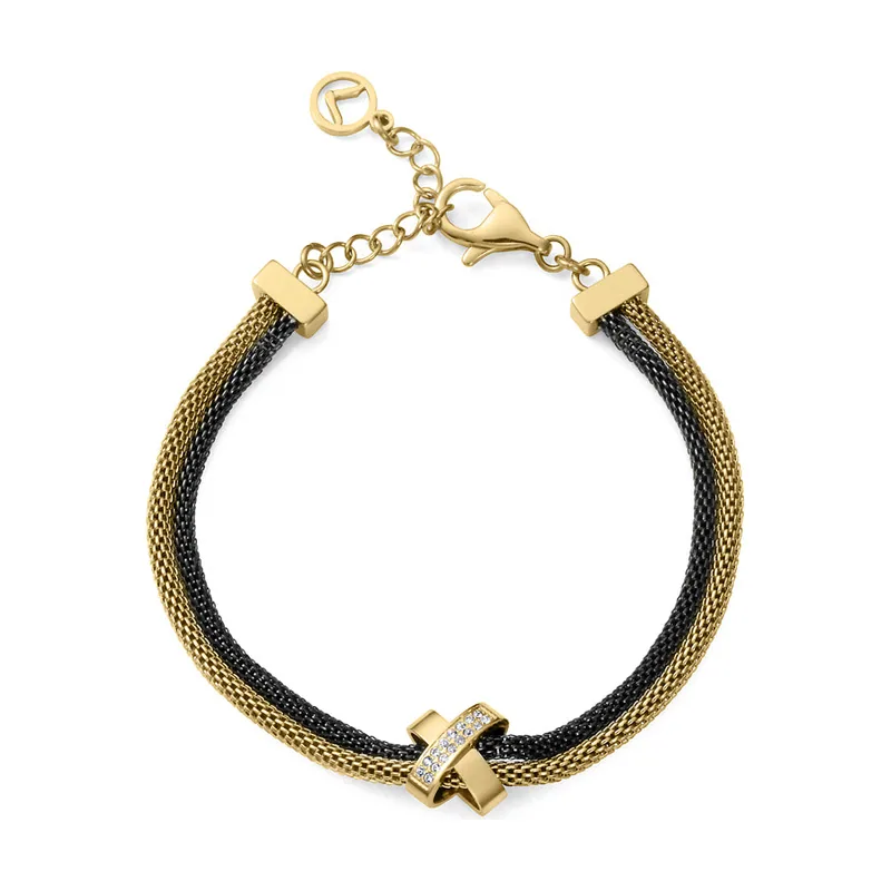 Pulsera de acero Ip dorado y negro doble esterilla redonda con una X con circonitas 75412P01010
