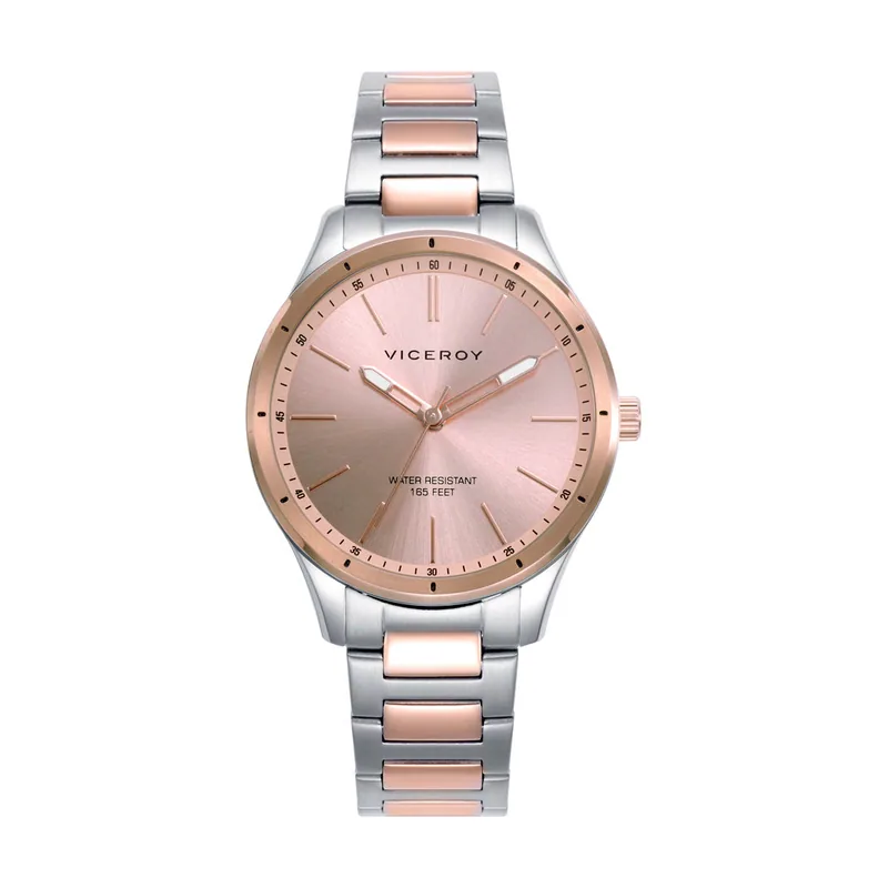Reloj con correa de acero rosa bicolor y esfera rosada 401228-77