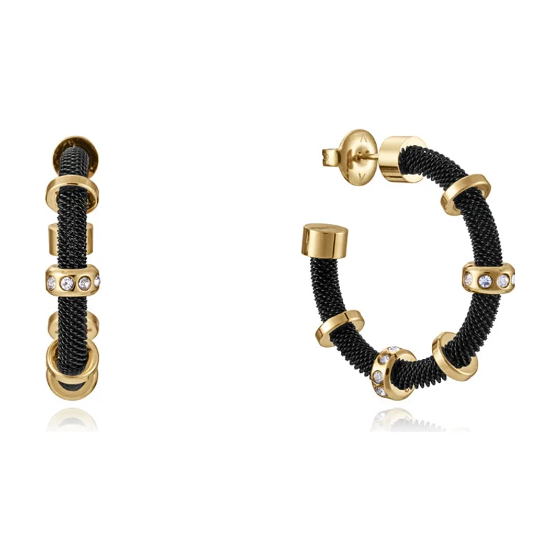 Pendientes Chic de acero milanesa negro con detalles dorados y circonitas 14110E01010