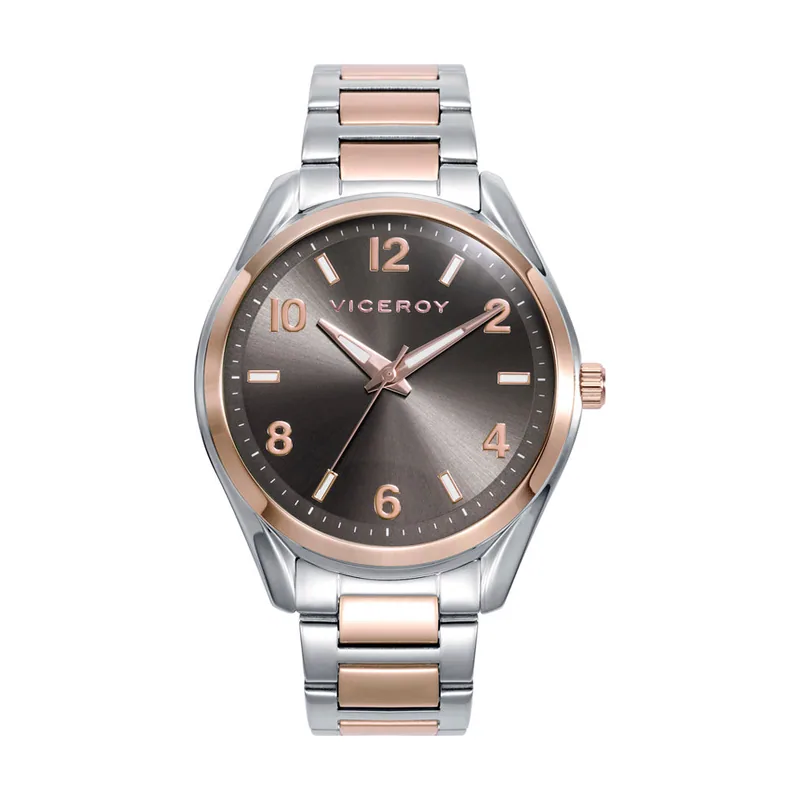Reloj con correa de acero bicolor en rosa y esfera gris 401222-15