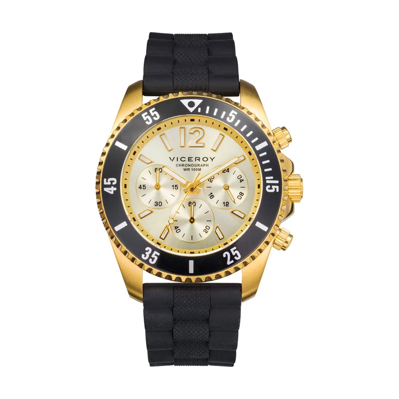 Reloj de hombre Heat cronógrafo de acero con IP dorado y correa de silicona negra 401223-95