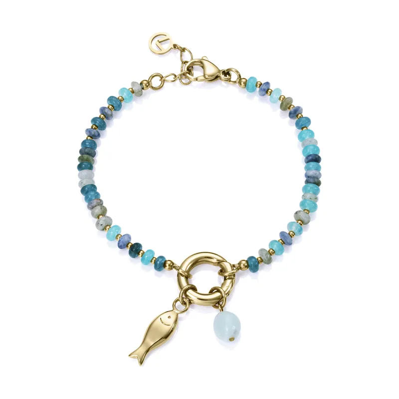 Pulsera de acero Ip dorado y piedras naturales con colgante de pez 14152P01019