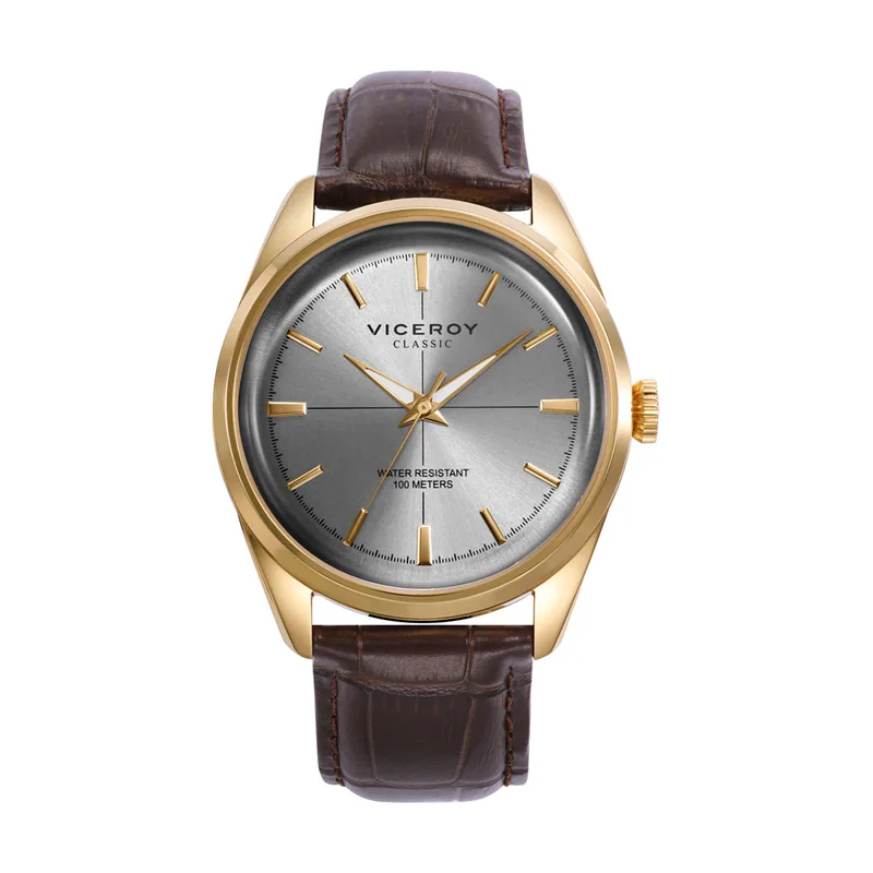Reloj para hombre con caja de acero dorado y correa de piel marrón 401375-17