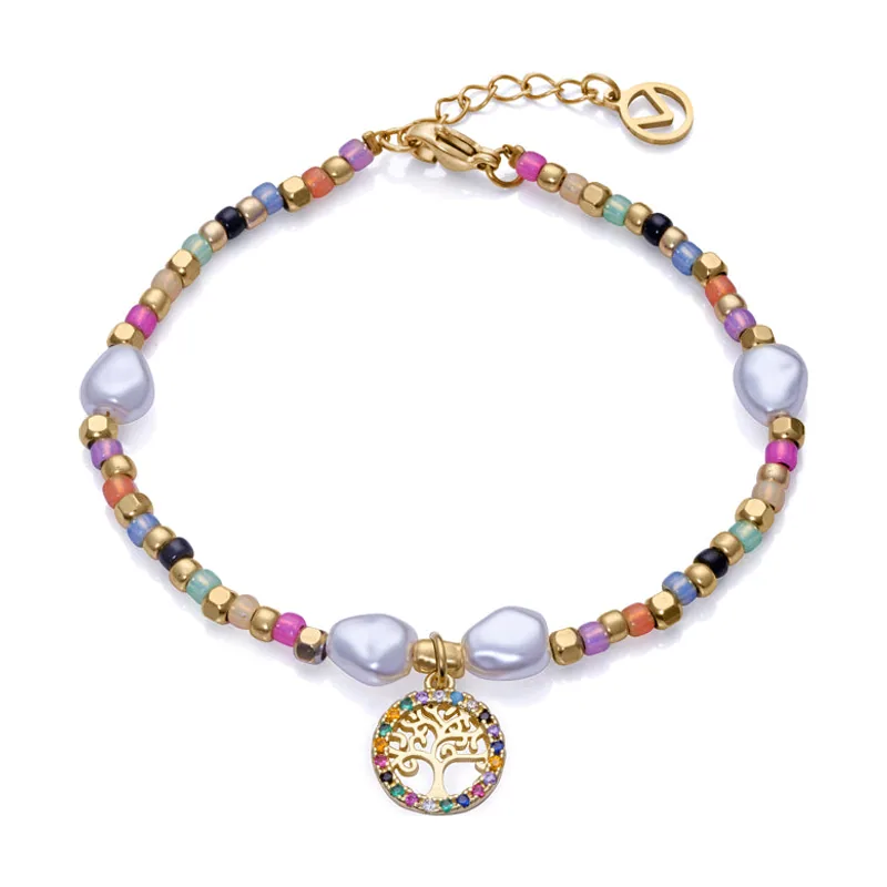 Pulsera Kiss de acero Ip dorado con cuentas de cristal y perlas sintéticas 14091P01019