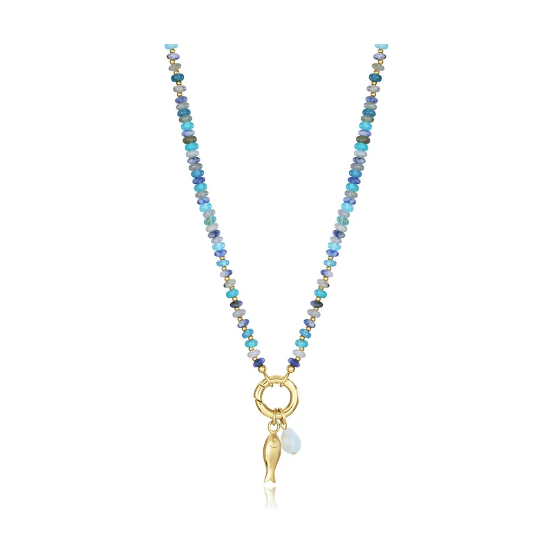 Collar de acero Ip dorado con piedras naturales y colgante de pez 14152C01019