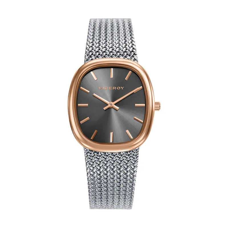 Reloj caja de acero IP rosa, malla milanesa de acero, movimiento cuarzo 401312-17