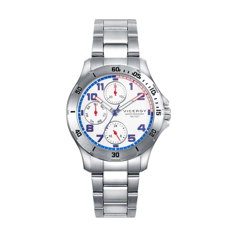 Reloj multifunción para niño con caja de acero y bisel con indicadores horarios en negro. Pulsera de piel trenzada azul con placa de acero y detalles 401365-04