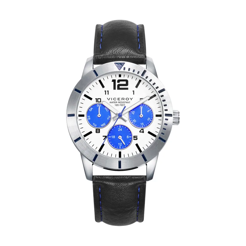Reloj de niño multifunción con caja de acero y bisel con indicadores horarios en color azul. Pulsera de piel trenzada azul con placa de acero y detall 401355-04