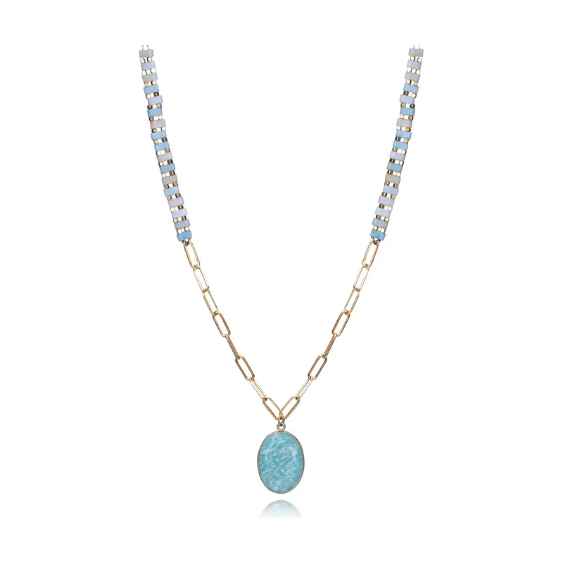 Collar de acero Ip dorado con piedras naturales turquesas y colgante 14278C01014