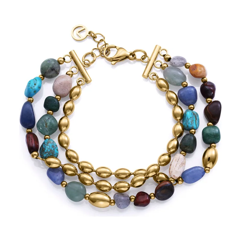 Pulsera de acero Ip dorado múltiple con piedras naturales 14276P01016
